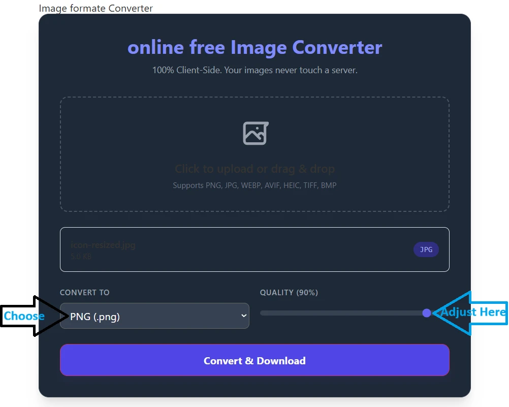 Selecting target format and adjusting quality slider in the image converter tool